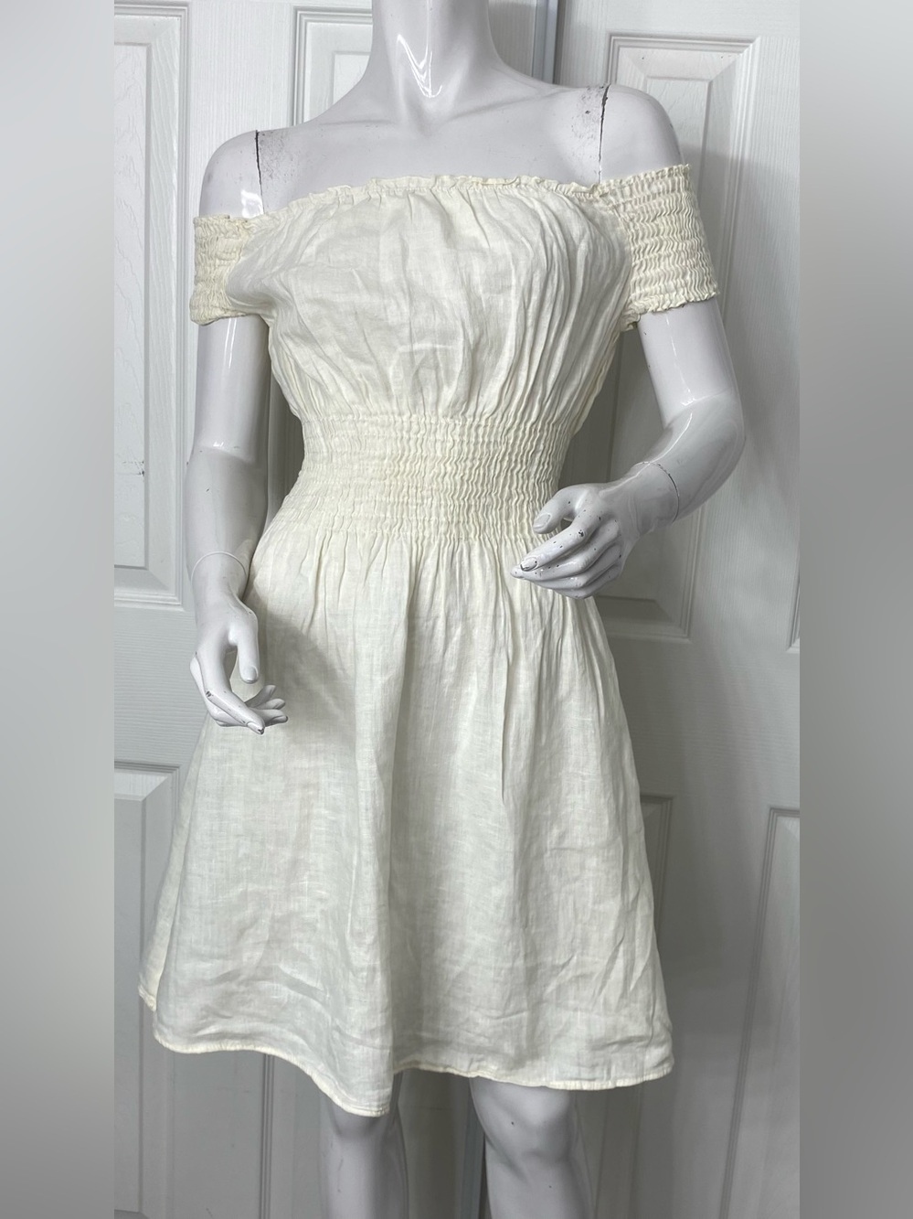 💯Linen Josette Cream Off-Shoulder Smocked Mini Dress